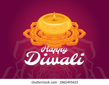 Happy Diwali Poster with candle and mandala on a purple background vector. Religious Diwali festival of lights in india vector. Yellow candle and mandala icon. Indian holiday diwali vector