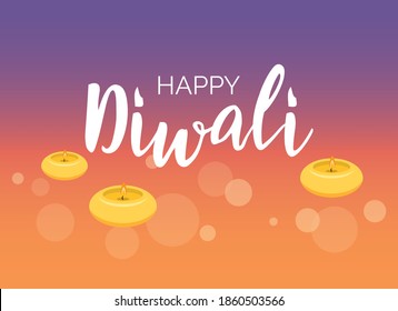 Happy Diwali Poster with candles on a purple orange background vector illustration. Religious Diwali festival of lights in india vector. Indian holiday diwali vector. Important day