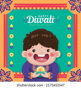 Happy Diwali poster with a cute Indian boy holding oil lamp.