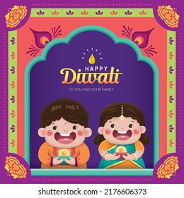 Happy Diwali poster with cute Indian boy and girl holding oil lamp celebrating Diwali festival.