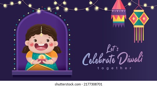 Afiche feliz Diwali con una linda chica india sosteniendo una lámpara de aceite y celebrando el festival Diwali.