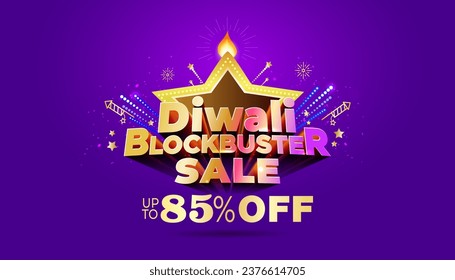 Happy Diwali poster design, festive background. Diwali Blockbusher sale Up to 85% Off, 3d typography design.