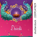 Happy Diwali Poster with Diya Lamp and Peacock Vector Illustration. Indian festival of lights Design. Suitable for Greeting Card, Banner, Flyer, Template. 