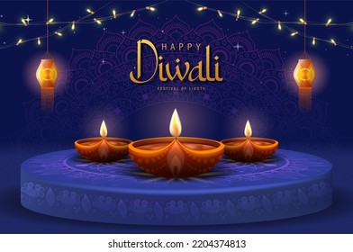 Happy Diwali Poster with Diya Lamp and Peacock Vector Illustration. Indian festival of lights Design. Suitable for Greeting Card, Banner, Flyer, Template. 