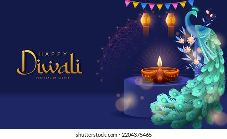 Afiche feliz Diwali con iluminación diya y vector pavo real. Festival indio de luces Diseño. Adecuado para tarjeta de felicitación, banner, volante, plantilla. 