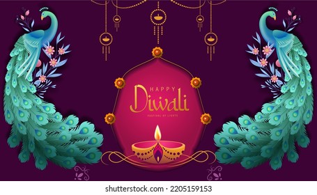 Happy Diwali Poster with Diya Lamp and Peacock Vector Illustration. Indian festival of lights Design. Suitable for Greeting Card, Banner, Flyer, Template. 