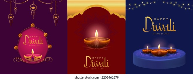 Happy Diwali Poster with Diya Lamp and Peacock Vector Illustration. Indian festival of lights Design. Suitable for Greeting Card, Banner, Flyer, Template. 