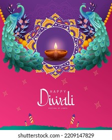 Happy Diwali Poster with Diya Lamp and Peacock Vector Illustration. Indian festival of lights Design. Suitable for Greeting Card, Banner, Flyer, Template. 