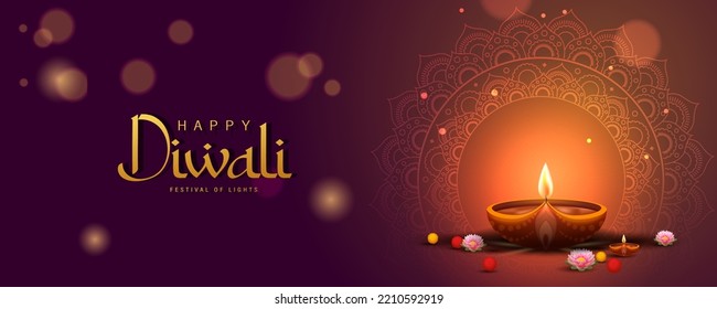 Happy Diwali Poster with Diya Lamp and Peacock Vector Illustration. Indian festival of lights Design. Suitable for Greeting Card, Banner, Flyer, Template. 