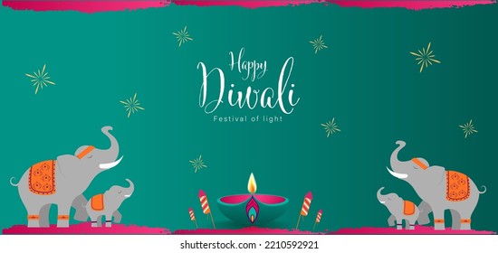 Happy Diwali Poster with Diya Lamp and Peacock Vector Illustration. Indian festival of lights Design. Suitable for Greeting Card, Banner, Flyer, Template. 