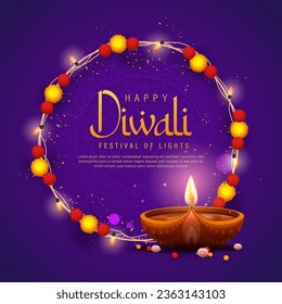 Happy Diwali Poster with Diya Lamp Vector Illustration. Indian festival of lights Design. Suitable for Greeting Card, Banner, Flyer, Template.