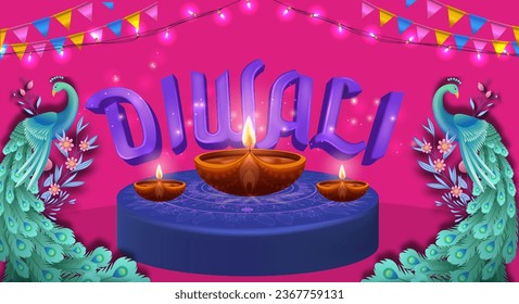 Happy Diwali Poster with Diya Lamp Vector Illustration. Indian festival of lights Design. Suitable for Greeting Card, Banner, Flyer, Template.