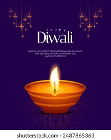 Happy Diwali Poster with Diya Lamp Vector Illustration. Indian festival of lights Design. Suitable for Greeting Card, Banner, Flyer