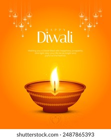 Happy Diwali Poster with Diya Lamp Vector Illustration. Indian festival of lights Design. Suitable for Greeting Card, Banner, Flyer