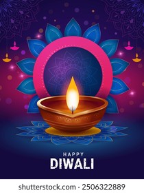 Happy Diwali poster with diya lamp and decorative mandala vector illustration. Festival of lights background, greeting card, flyer, poster