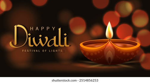 Happy Diwali Poster with Diya Lamp and Peacock Vector Illustration. Indian festival of lights Design. Suitable for Greeting Card, Banner, Flyer, Template. 