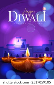 Feliz cartel de Diwali con lámpara Diya y Ilustración vectorial de pavo real. Festival indio de luces Diseño. Conveniente para la tarjeta de felicitación, Anuncio, volante, Plantilla.