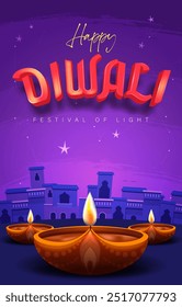 Happy Diwali Poster with Diya Lamp and Peacock Vector Illustration. Indian festival of lights Design. Suitable for Greeting Card, Banner, Flyer, Template.