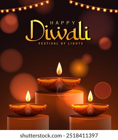 Happy Diwali Poster with Diya Lamp and Peacock Vector Illustration. Indian festival of lights Design. Suitable for Greeting Card, Banner, Flyer, Template.