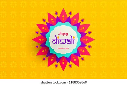 Happy Diwali Poster. Festival Of Lights Text In Geometric Floral Frame. 3D Style Creative Design For Banner, Web, Landing Page, Social Media, Invitation, Cover, Card, Promotion, Ad.