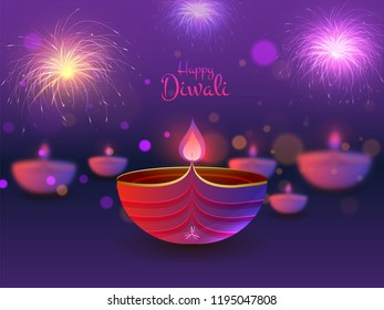 Happy Diwali poster or greeting card design with illustration of illuminated oil lamp on blurred purple background.