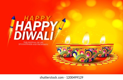 Happy Diwali poster, header, banner or greeting card design with illustration of illuminated oil lamp, diwali dhamaka sale on blurred  background.