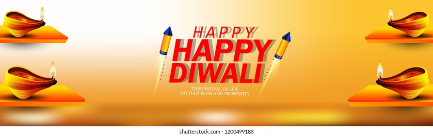 Happy Diwali poster, header, banner or greeting card design with illustration of illuminated oil lamp, diwali dhamaka sale on blurred  background.