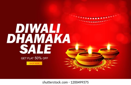 Happy Diwali poster, header, banner or greeting card design with illustration of illuminated oil lamp, diwali dhamaka sale on blurred  background.