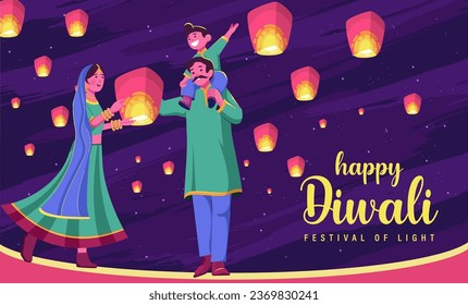 Happy Diwali Poster with Indian Family Flying Lanterns Vector Illustration. Indian festival of lights Design. Suitable for Greeting Card, Banner, Flyer, Template.