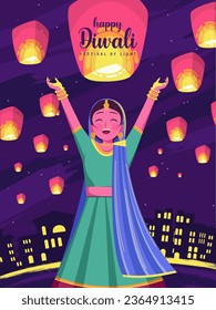 Fröhliches Diwali Poster mit indischer Girl Flying Lanterns Vektorgrafik. Indisches Festival der Lichter Design. Geeignet für Grußkarte, Banner, Flyer, Vorlage.