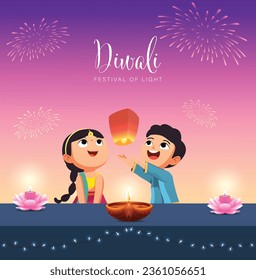 Happy Diwali Poster with Indian Kids Flying Lanterns Vector Illustration. Indian festival of lights Design. Suitable for Greeting Card, Banner, Flyer, Template. 