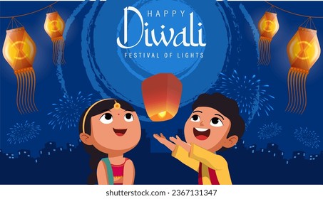 Happy Diwali Poster with Indian Kids Flying Lanterns Vector Illustration. Indian festival of lights Design. Suitable for Greeting Card, Banner, Flyer, Template.