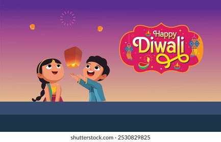 Happy Diwali Poster with Indian Kids Flying Lanterns Vector Illustration. Indian festival of lights Design.