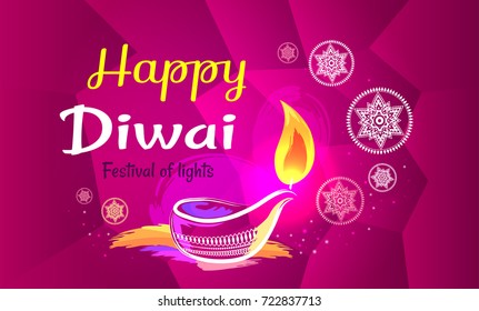 Happy Diwali poster with purple pattern backdrop and text. Vector illustration of diya oil lamp and other symbols of annual Hindu festival of lights