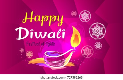 Happy Diwali poster with purple pattern backdrop and text. Vector illustration of diya oil lamp and other symbols of annual Hindu festival of lights
