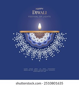 Fröhliche Diwali Poster Vorlage. Diya Lampe und Rangoli Muster aus weißen Blumen und Blütenblättern