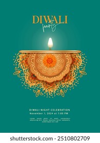 Feliz Diwali Poster Template. Diya lâmpada e rangoli padrão feito com flores de marigold e pétalas