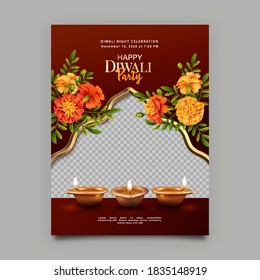 Happy Diwali Poster Template with empty space for the image. Indian Festival banner with burning diya lamps and marigold flowers