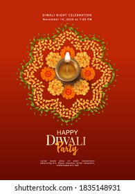 Happy Diwali Poster Template. Indian Festival background with burning diya lamp and traditional rangoli formed of marigold flowers and petals. 3D vector illustration