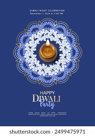 Happy Diwali Poster Template. Indian Festival background with burning diya lamp and traditional rangoli formed of flowers