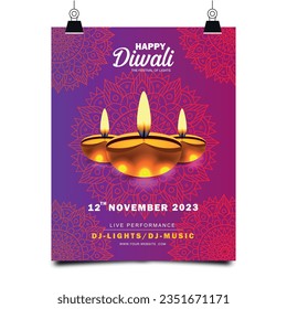 Happy Diwali Poster Template. Traditional Indian Festival Background with Burning Lamps