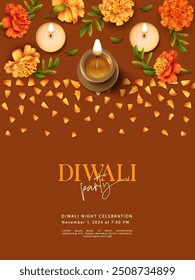 Feliz Diwali Poster Template. Fundo tradicional indiano com lâmpada diya, velas, flores de calêndula e pétalas