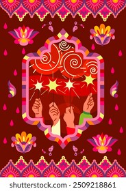 Happy diwali poster. Traditional indian holiday and festival. People with sparkles in hands. Greeting and invitation postcard. Colorful patterns and ornaments. Cartoon vector illustration