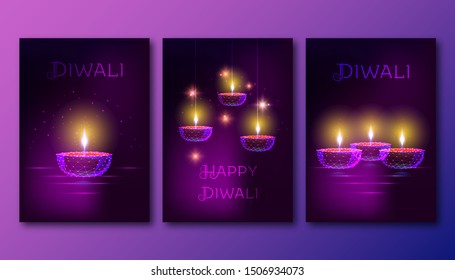 Happy diwali posters template set with futuristic glowing low polygonal oil lamp diya on dark purple background. Modern wireframe design vector illustration.