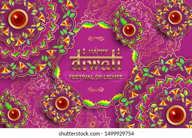 Happy Diwali purple template with floral paisley and mandala. Flower and leaves patterns. Festival of lights. Greeting card with diya. Vector illustration.