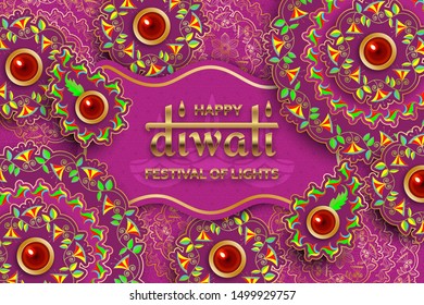 Happy Diwali purple template with floral paisley and mandala. Flower and leaves patterns. Festival of lights. Greeting card with diya. Vector illustration.