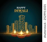 Happy Diwali real estate building with oil lamp Diya vector elements celebration