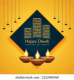 Happy Diwali real estate building with oil lamp Diya vector elements.