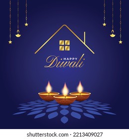 Feliz edificio inmobiliario Diwali con lámpara de aceite Diya..