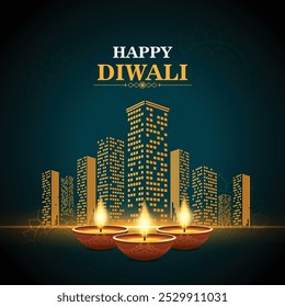 Happy Diwali real estate building with oil lamp Diya vector elements celebration